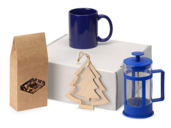 Подарочный набор с чаем, кружкой, френч-прессом и новогодней подвеской Чаепитие, синий