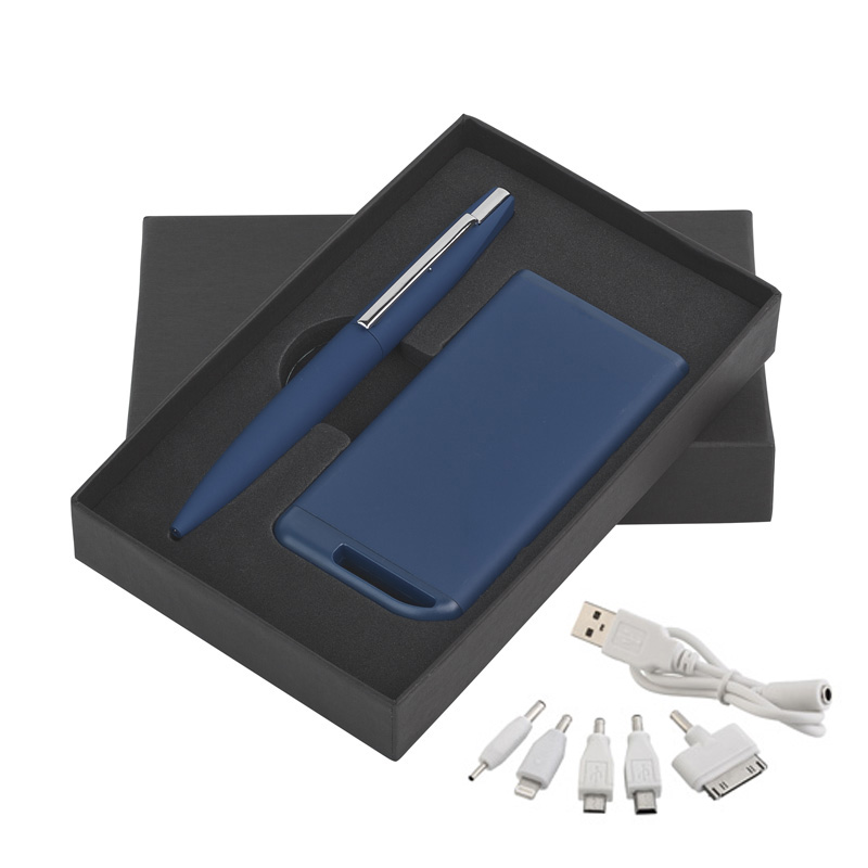 Набор ручка c флеш-картой 8Гб + зарядное устройство 4000 mAh в футляре, темно-синий, soft touch