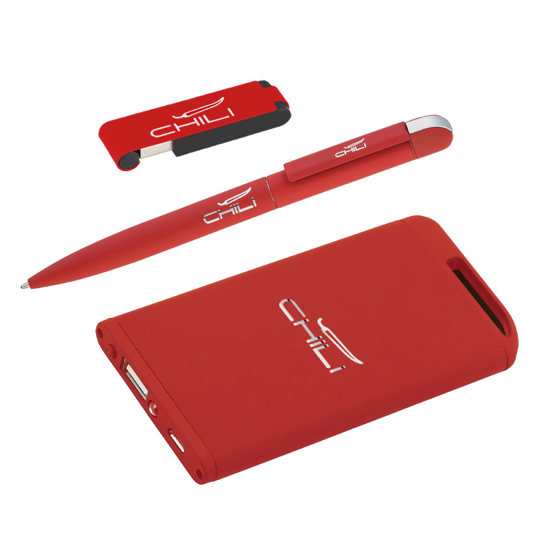 Набор ручка + флеш-карта 8Гб + зарядное устройство 4000 mAh в футляре, красный, покрытие soft touch
