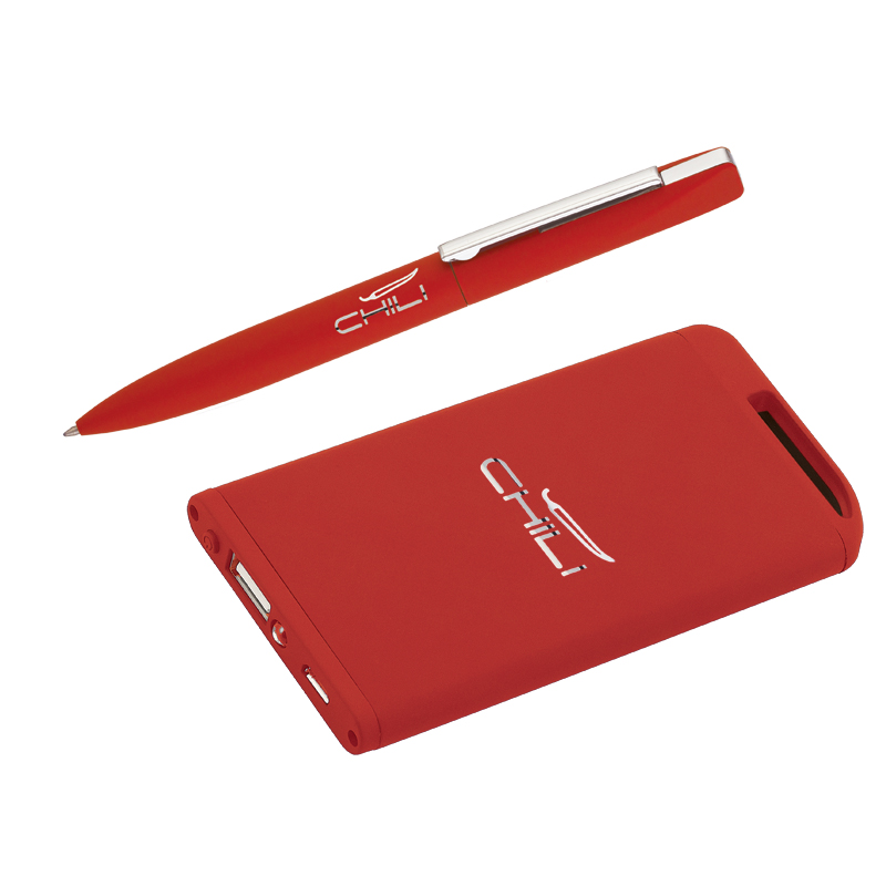 Набор ручка + зарядное устройство 4000 mAh в футляре, красный, покрытие soft touch