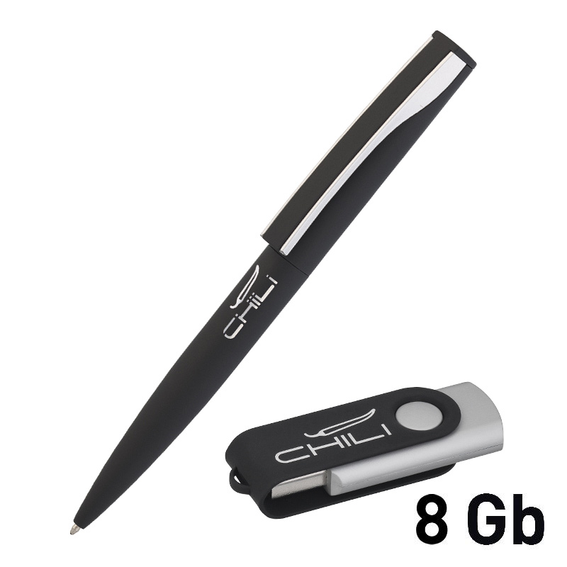 Набор ручка + флеш-карта 8 Гб в футляре, черный, покрытие soft touch