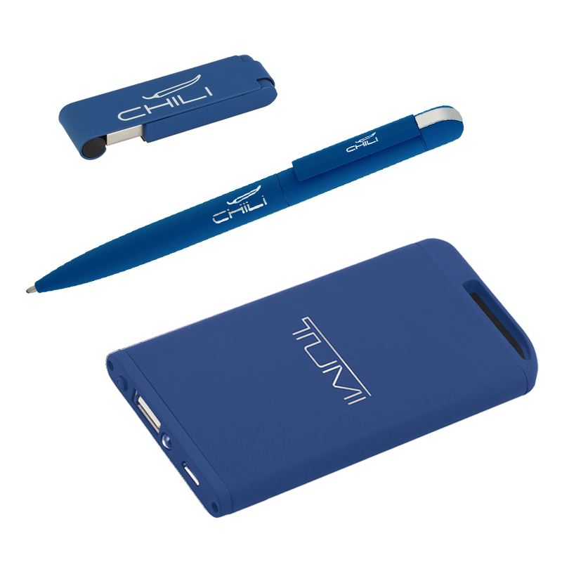 Набор ручка + флеш-карта 8Гб + зарядное устройство 4000 mAh в футляре, темно-синий, soft touch