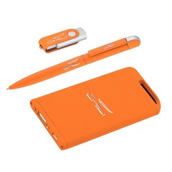 Набор ручка + флеш-карта 8Гб + зарядное устройство 4000 mAh в футляре, оранжевый, soft touch