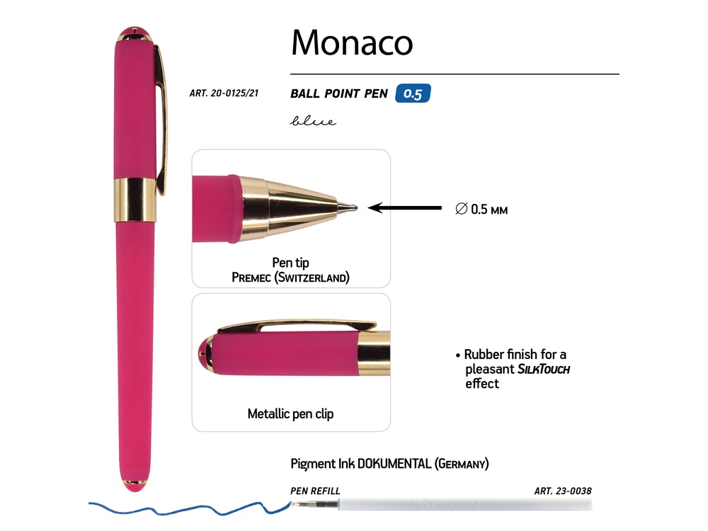 Ручка пластиковая шариковая Monaco, 0,5мм, синие чернила, малиновый