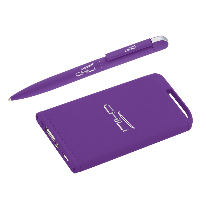 Набор ручка + зарядное устройство 4000 mAh в футляре, фиолетовый, покрытие soft touch