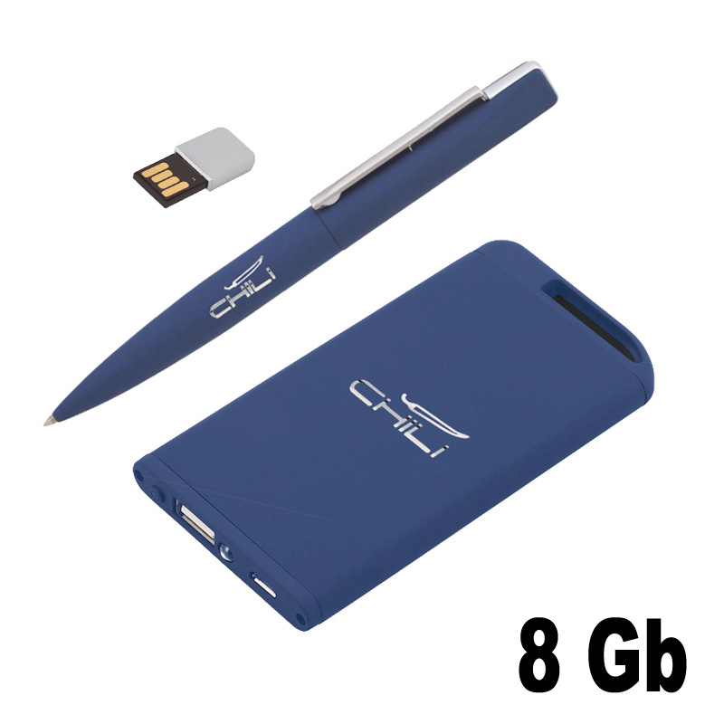 Набор ручка c флеш-картой 8Гб + зарядное устройство 4000 mAh в футляре, темно-синий, soft touch