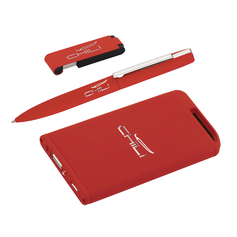 Набор ручка + флеш-карта 8Гб + источник энергии 4000 mAh в футляре, прорезиненный красный
