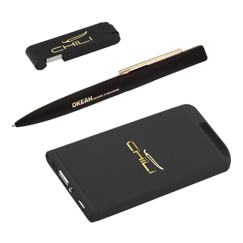 Набор ручка + флеш-карта 8Гб + зарядное устройство 4000 mAh в футляре, черный/золото, soft touch