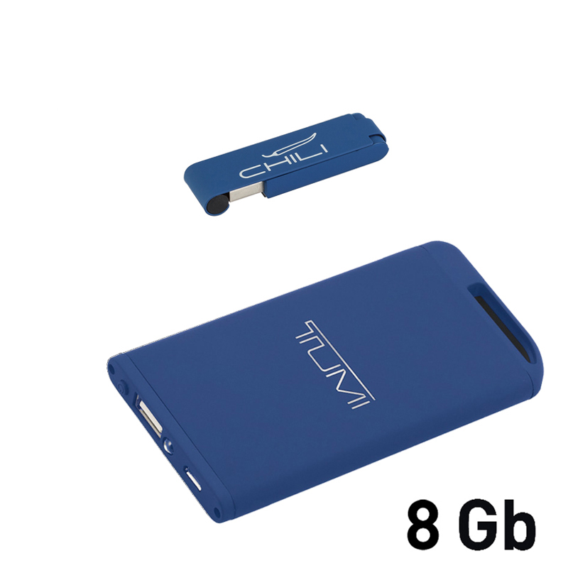 Набор зарядное "Theta" 4000 mAh + флеш-карта "Case" 8Гб  в футляре, темно-синий, покрытие soft touch