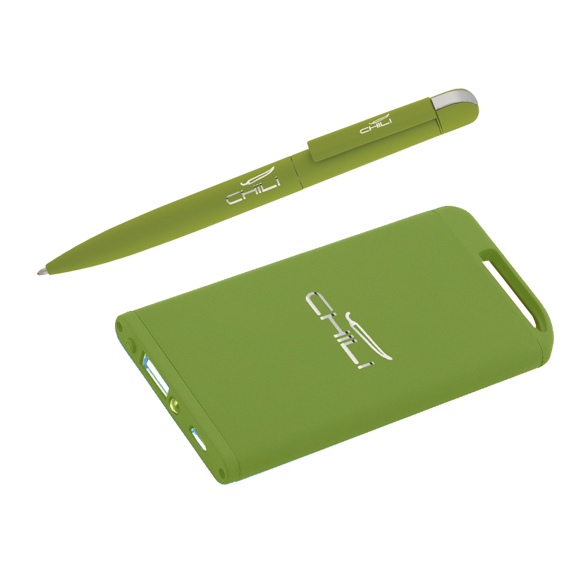 Набор ручка "Jupiter" + зарядное устройство "Theta" 4000 mAh в футляре, зеленое яблоко, soft touch
