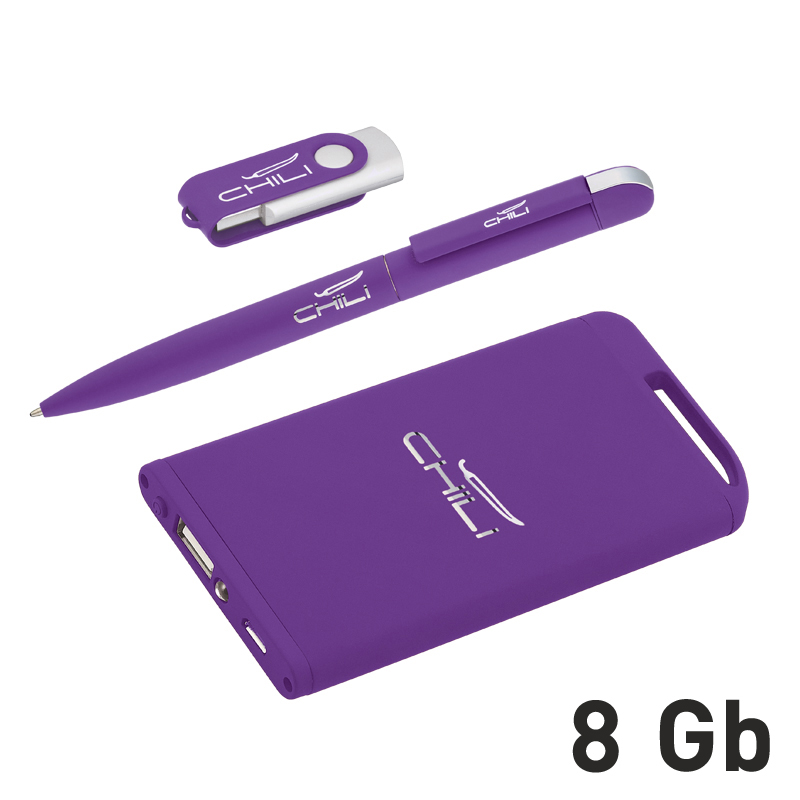 Набор ручка + флеш-карта 8Гб + зарядное устройство 4000 mAh в футляре, фиолетовый, soft touch