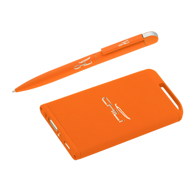 Набор ручка "Jupiter" + зарядное устройство "Theta" 4000 mAh в футляре, оранжевый, soft touch