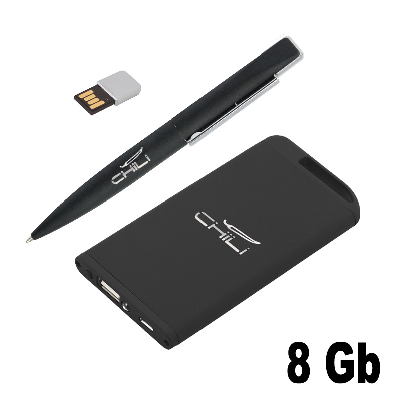 Набор ручка c флеш-картой 8Гб + зарядное устройство 4000 mAh в футляре, черный, покрытие soft touch