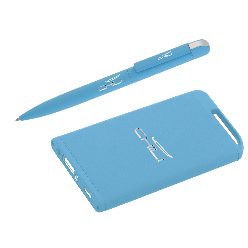 Набор ручка "Jupiter" + зарядное устройство "Theta" 4000 mAh в футляре, голубой, покрытие soft touch