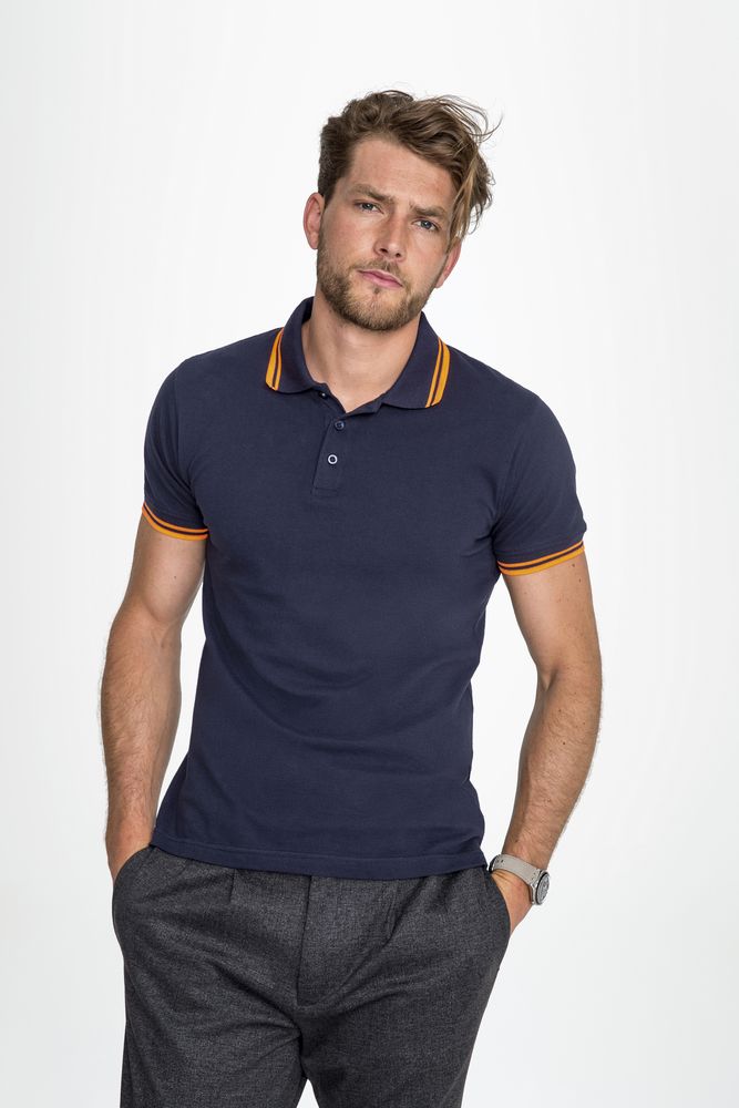 Рубашка поло мужская Pasadena Men 200 с контрастной отделкой темно-синяя с белым, размер S