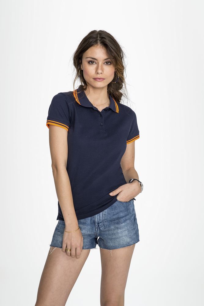 Рубашка поло женская Pasadena Women 200 с контрастной отделкой темно-синяя с белым, размер L