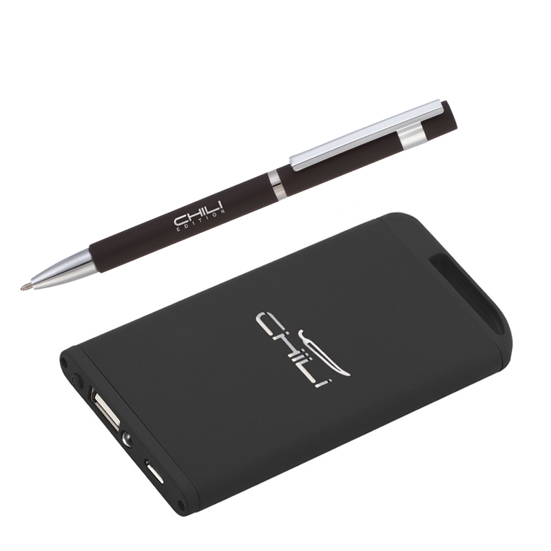 Набор ручка + зарядное устройство 4000 mAh в футляре, черный, покрытие soft touch