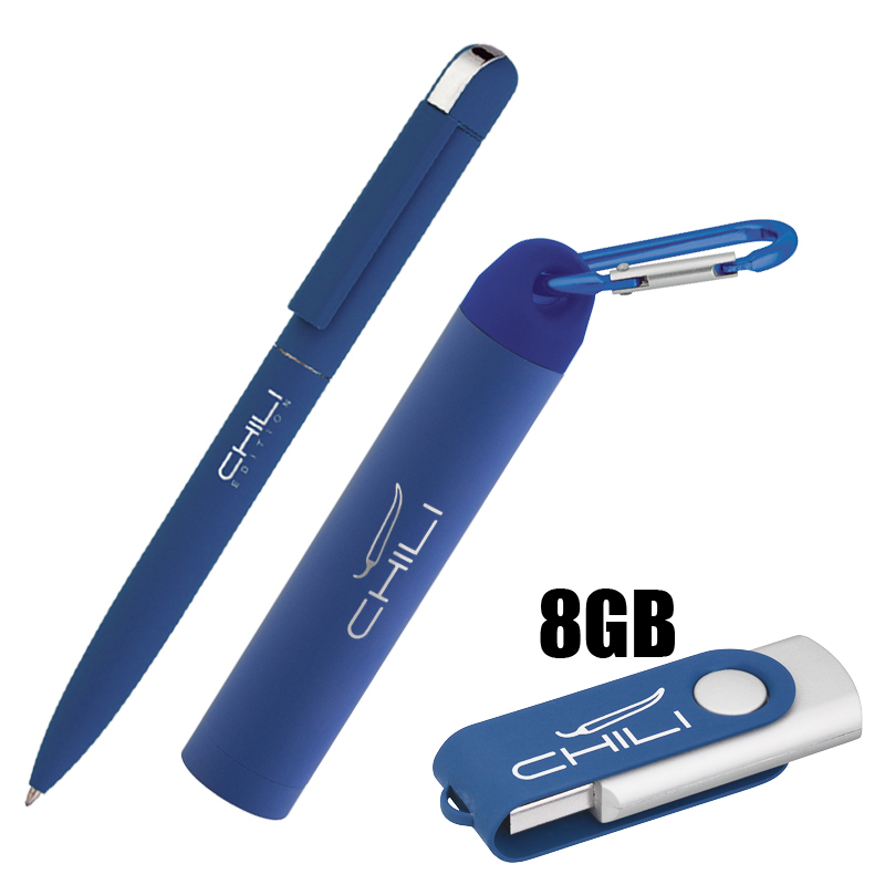 Набор ручка + флеш-карта 8Гб + зарядное устройство 2800 mAh в футляре, темно-синий, soft touch