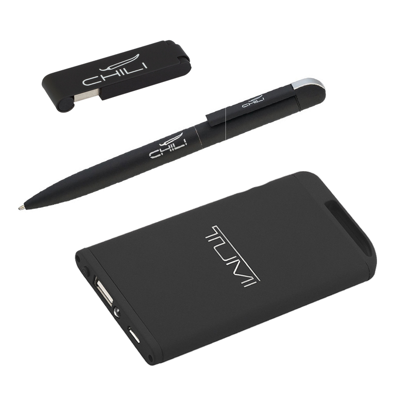 Набор ручка + флеш-карта 8Гб + зарядное устройство 4000 mAh в футляре, черный, покрытие soft touch
