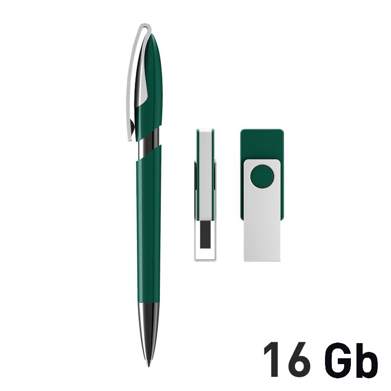 Набор ручка + флеш-карта 16Гб в футляре, темно-зеленый/белый