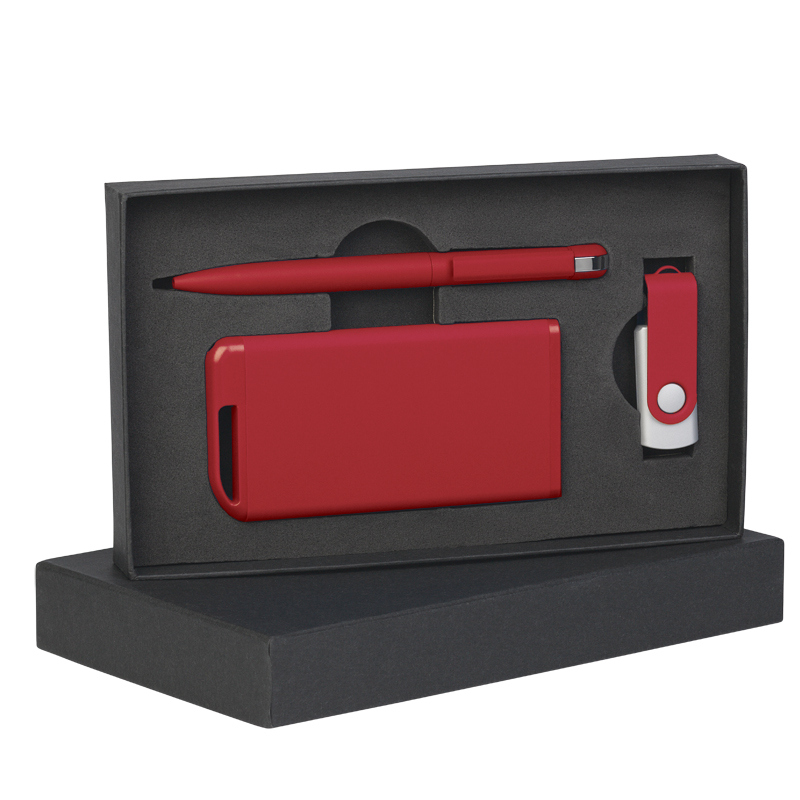Набор ручка + флеш-карта 16Гб + зарядное устройство 4000 mAh в футляре, красный, покрытие soft touch