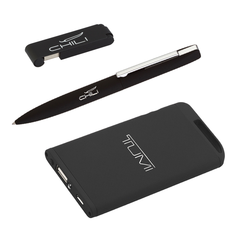 Набор ручка + флеш-карта 8Гб + зарядное устройство 4000 mAh в футляре, черный, покрытие soft touch
