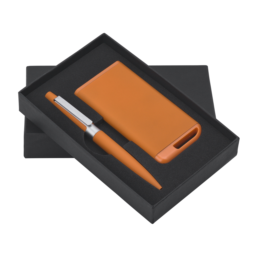 Набор ручка + зарядное устройство 4000 mAh в футляре, оранжевый, покрытие soft touch