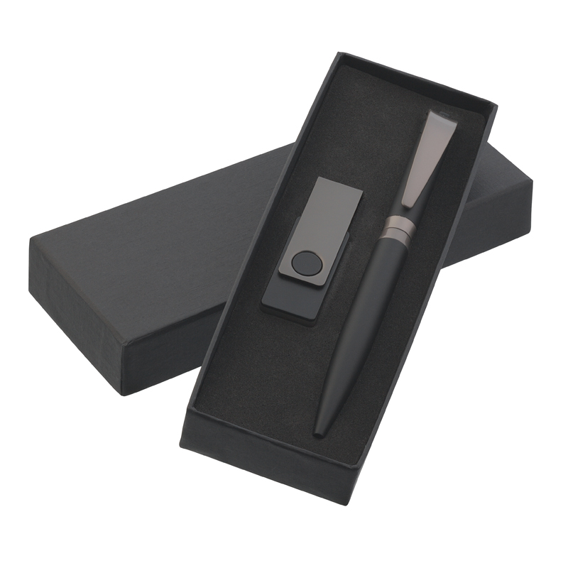 Набор ручка + флеш-карта 8Гб в футляре, черный/оружейный блеск, покрытие soft touch