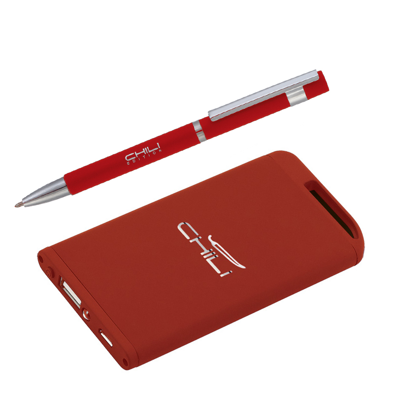 Набор ручка + зарядное устройство 4000 mAh в футляре, красный, покрытие soft touch