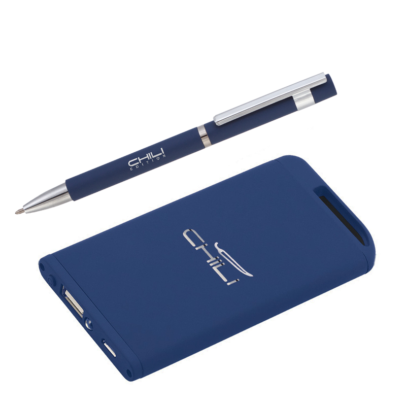 Набор ручка + зарядное устройство 4000 mAh в футляре, темно-синий, покрытие soft touch