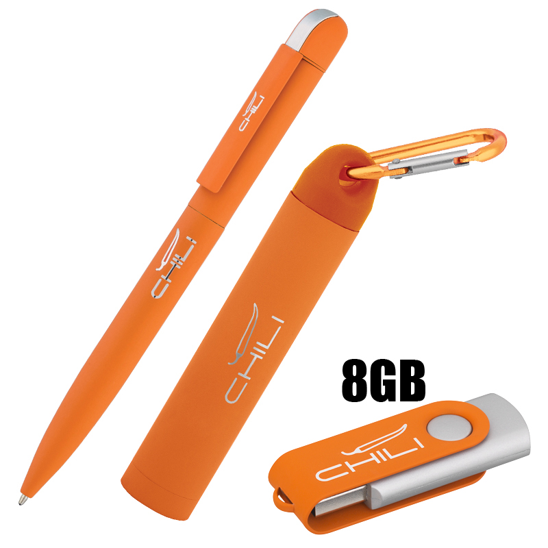 Набор ручка + флеш-карта 8Гб + зарядное устройство 2800 mAh в футляре, оранжевый, soft touch