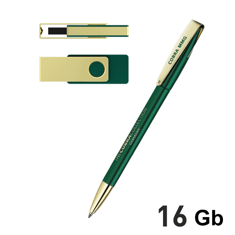 Набор ручка + флеш-карта 16Гб в футляре, темно-зеленый/золото