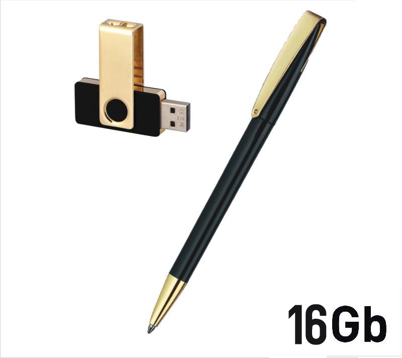 Набор ручка + флеш-карта 16Гб в футляре, черный/золото