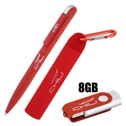 Набор ручка + флеш-карта 8Гб + зарядное устройство 2800 mAh в футляре, красный, покрытие soft touch