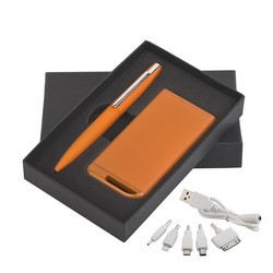 Набор ручка c флеш-картой 8Гб + зарядное устройство 4000 mAh в футляре, оранжевый, soft touch