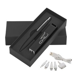 Набор ручка c флеш-картой 8Гб + зарядное устройство 2800 mAh в футляре, черный, покрытие soft touch