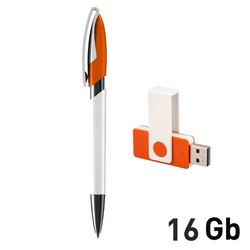 Набор ручка + флеш-карта 16Гб в футляре, белый/оранжевый