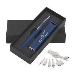 Набор ручка c флеш-картой 8Гб + зарядное устройство 2800 mAh в футляре, темно-синий, soft touch