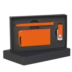 Набор ручка + флеш-карта 16Гб + зарядное устройство 4000 mAh в футляре, оранжевый, soft touch