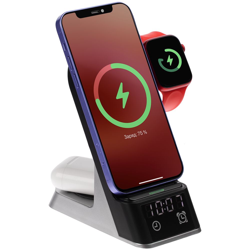 Купить Зарядная станция c часами E-Store для смартфона, часов и наушников,  черная 14939.30 с логотипом - универсальные зарядные устройства, power bank  с логотипом оптом в интернет магазине giftspromo