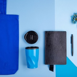 Набор подарочный VIBES4HIM: бизнес-блокнот, ручка, термокружка, сумка, черно-голубой