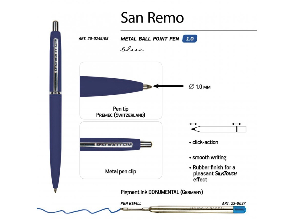 Ручка металлическая шариковая San Remo, 1,0мм, синие чернила, ярко-синий