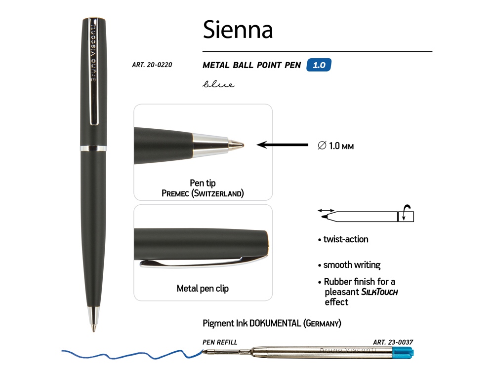 Ручка Sienna шариковая  автоматическая, черный металлический корпус, 1.0 мм, синяя