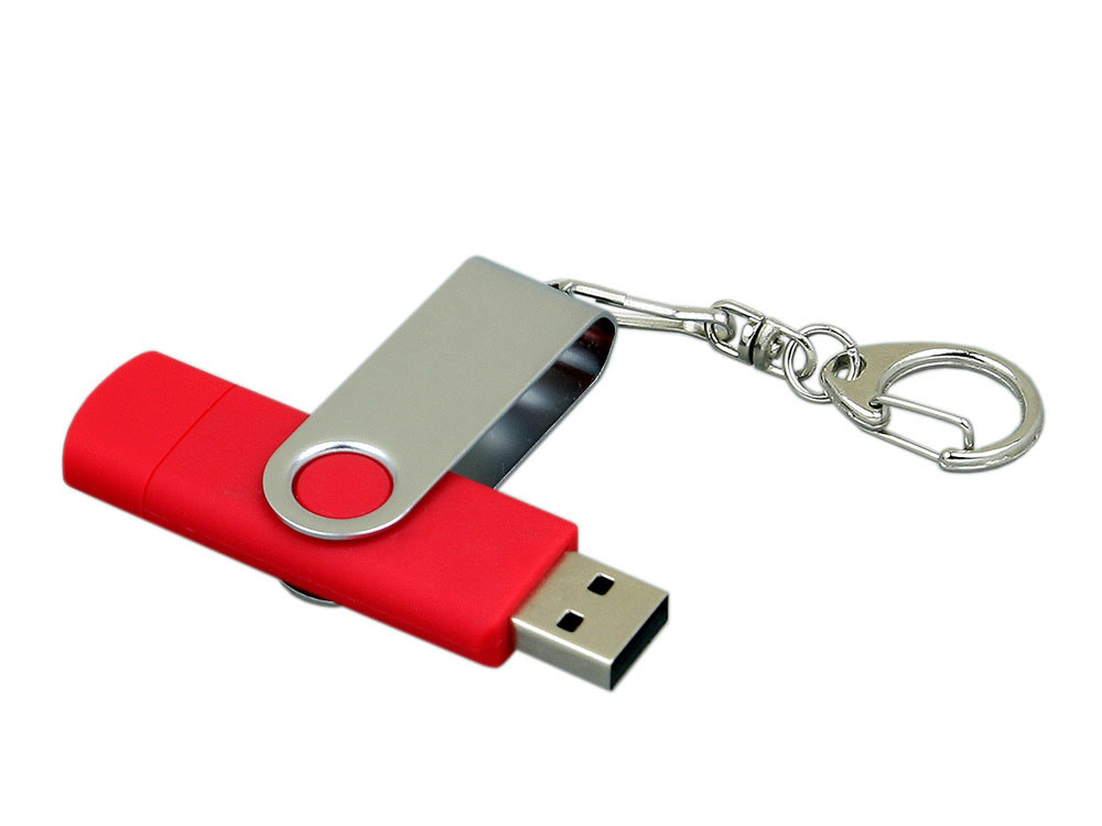 Флешка с  поворотным механизмом, c дополнительным разъемом Micro USB, 64 Гб, красный