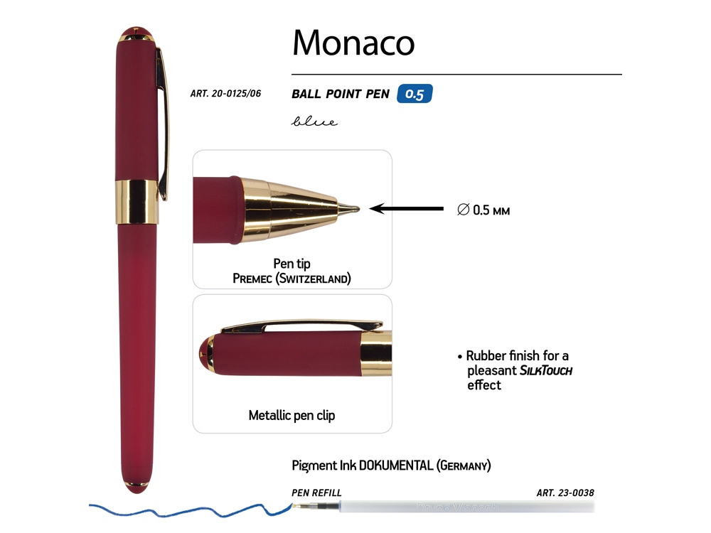 Ручка пластиковая шариковая Monaco, 0,5мм, синие чернила, бордовый