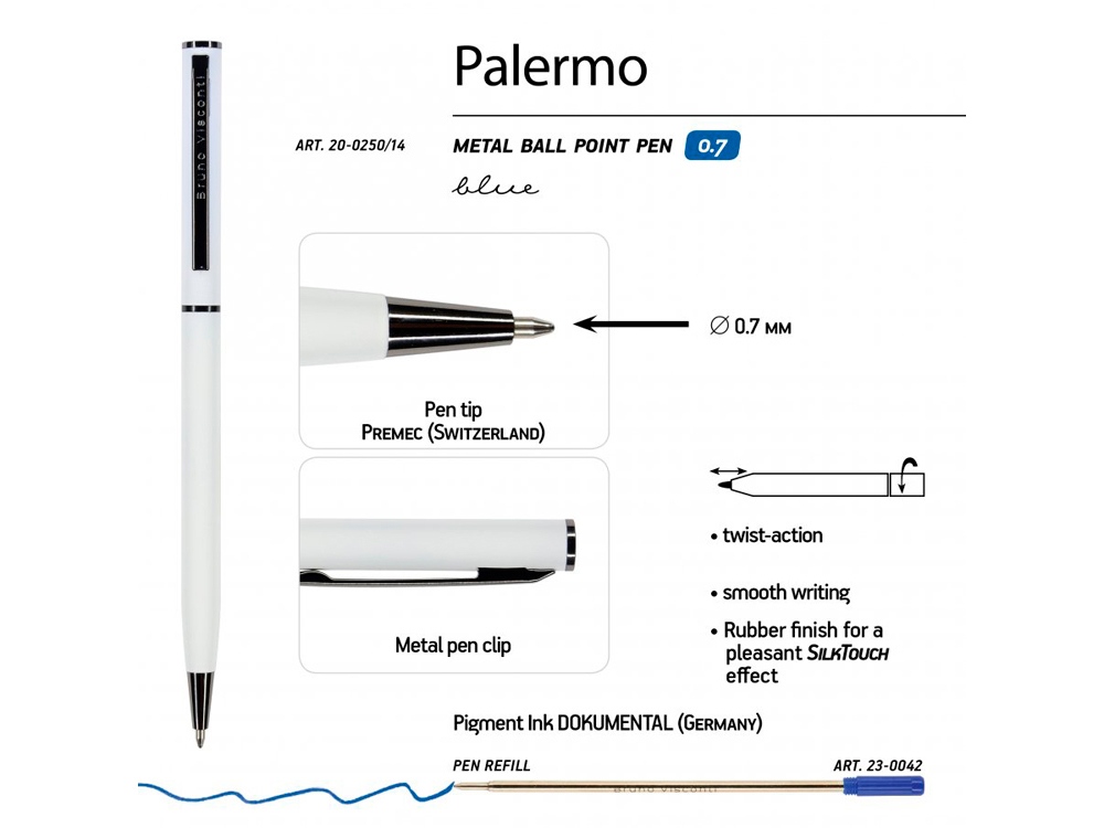 Ручка шариковая автоматическая BrunoVisconti®, 0.7 мм, синяя PALERMO (белый металлический корпус)