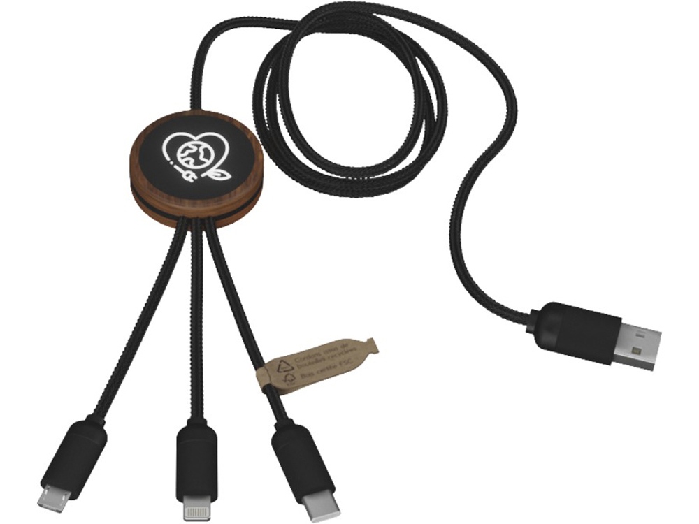 SCX.design C36 Зарядный кабель 3 в 1 из переработанного rPET-пластика со светящимся логотипом и округлым бамбуковым корпусом, дерево