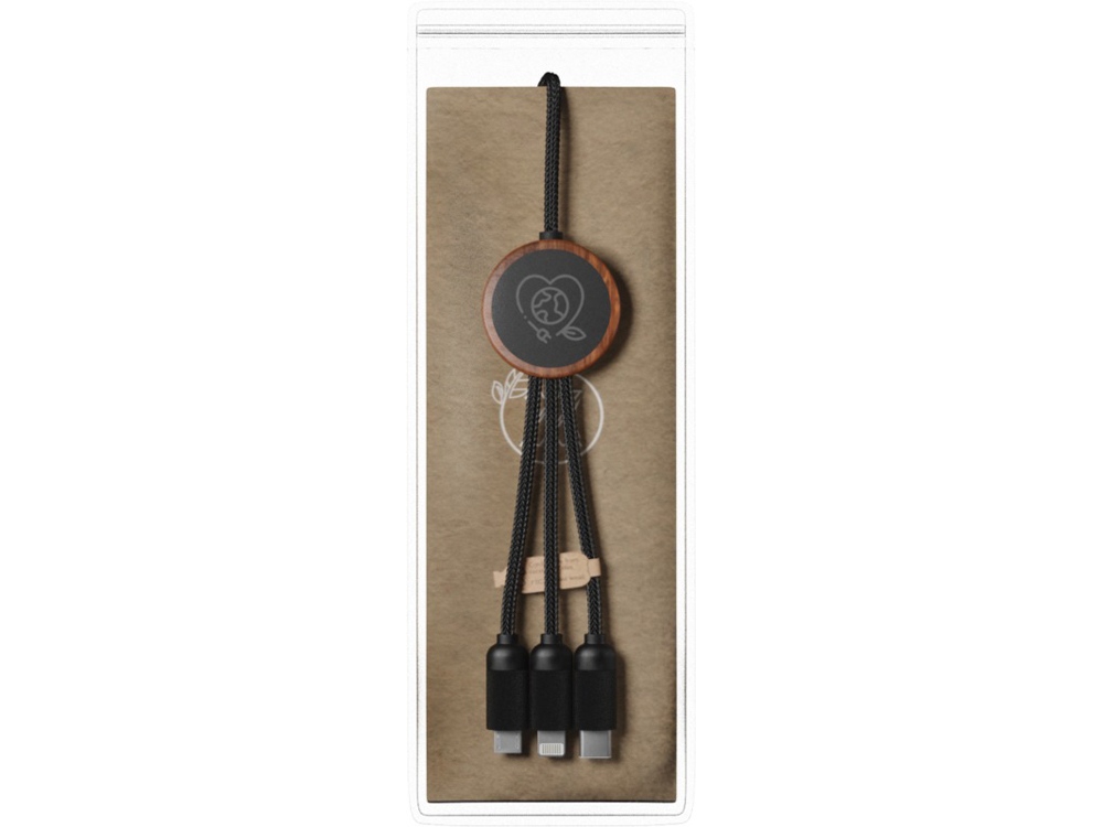 SCX.design C36 Зарядный кабель 3 в 1 из переработанного rPET-пластика со светящимся логотипом и округлым бамбуковым корпусом, дерево