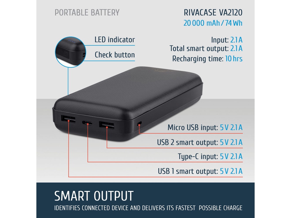 RIVACASE VA2120 (20000mAh), внешний аккумулятор /24