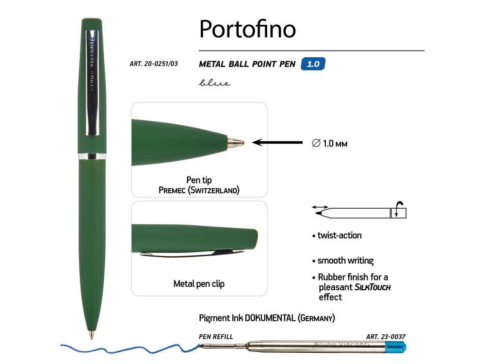 Ручка Portofino шариковая  автоматическая, зеленый металлический корпус, 1.0 мм, синяя